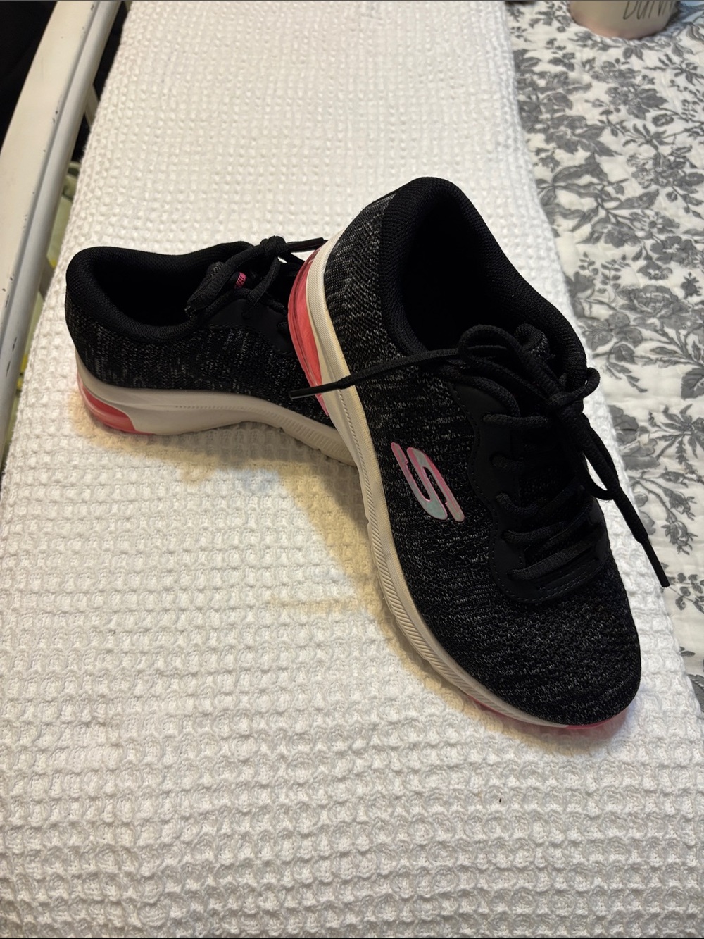 Skechers Black Knit Walking Sneakers with Pink Accents